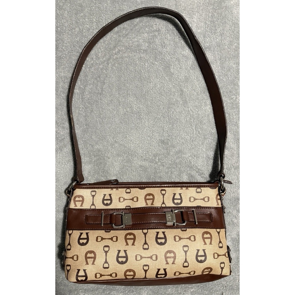 Vintage Etienne Aigner Signature Brown Logo All Over Print Purse Bag